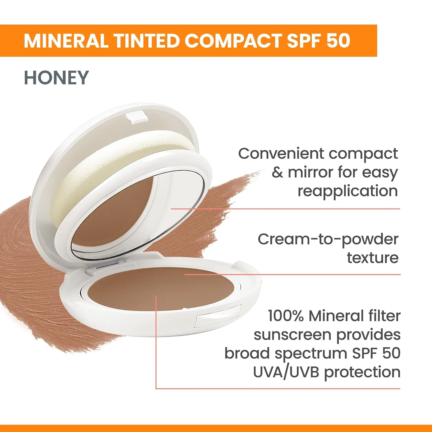 Avène High Protection Tinted Compact, минеральный солнцезащитный крем тонированный, широкий спектр SPF 50+, защита от UVA/UVB и синего света, 100% минеральный, водостойкий, Honey — фото 2