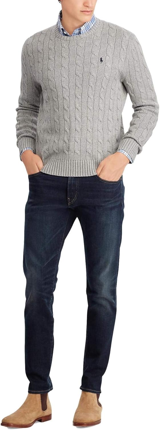 Polo Ralph Lauren мужской свитер из хлопка с косой вязкой, 2019 Fawn Grey Heather — фото 3