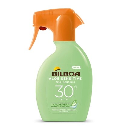 

Bilboa Aloe Sensitive Body Sunscreen SPF 30 Высокий солнцезащитный спрей для чувствительной кожи Формула с алоэ вера, безалкогольный, водонепроницаемый, 250 мл