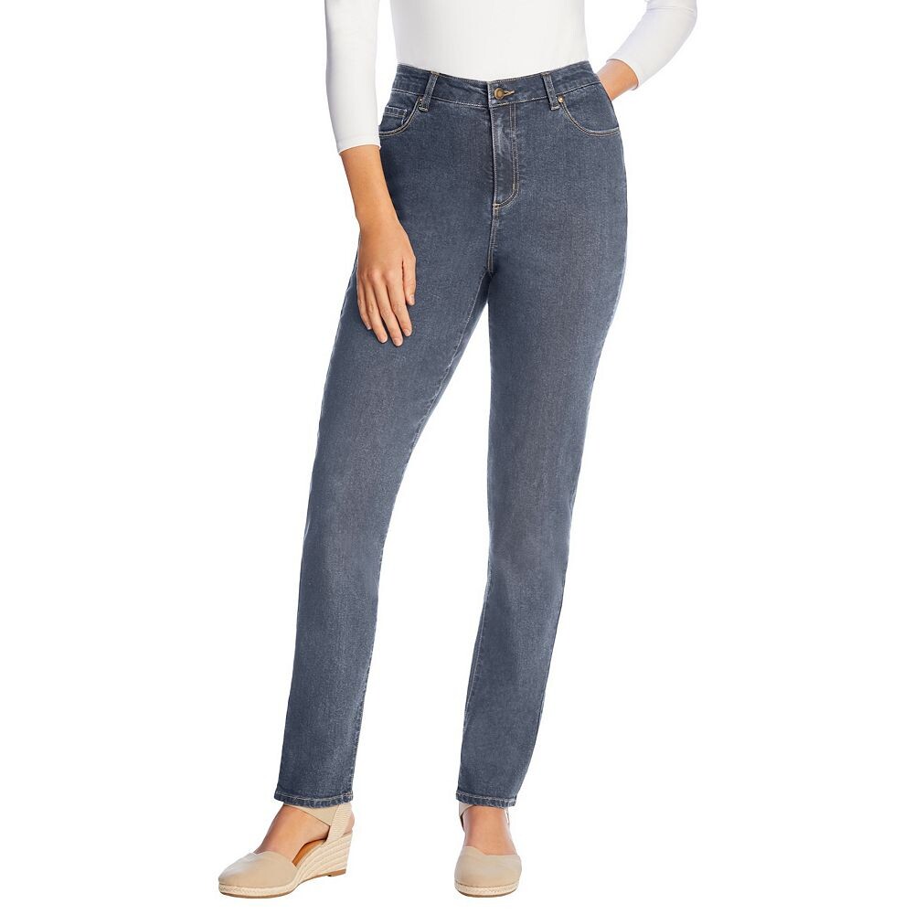 

Женщина в женских джинсах прямого кроя размера плюс Petite Comfort Curve Woman Within, цвет Medium Stonewash