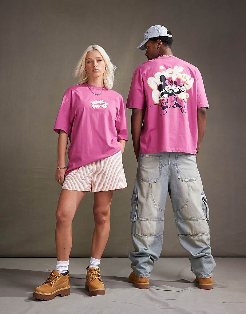 

ASOS DESIGN – Disney – Унисекс – фиолетовая оверсайз-футболка с лицензионными скульптурными принтами Микки Мауса