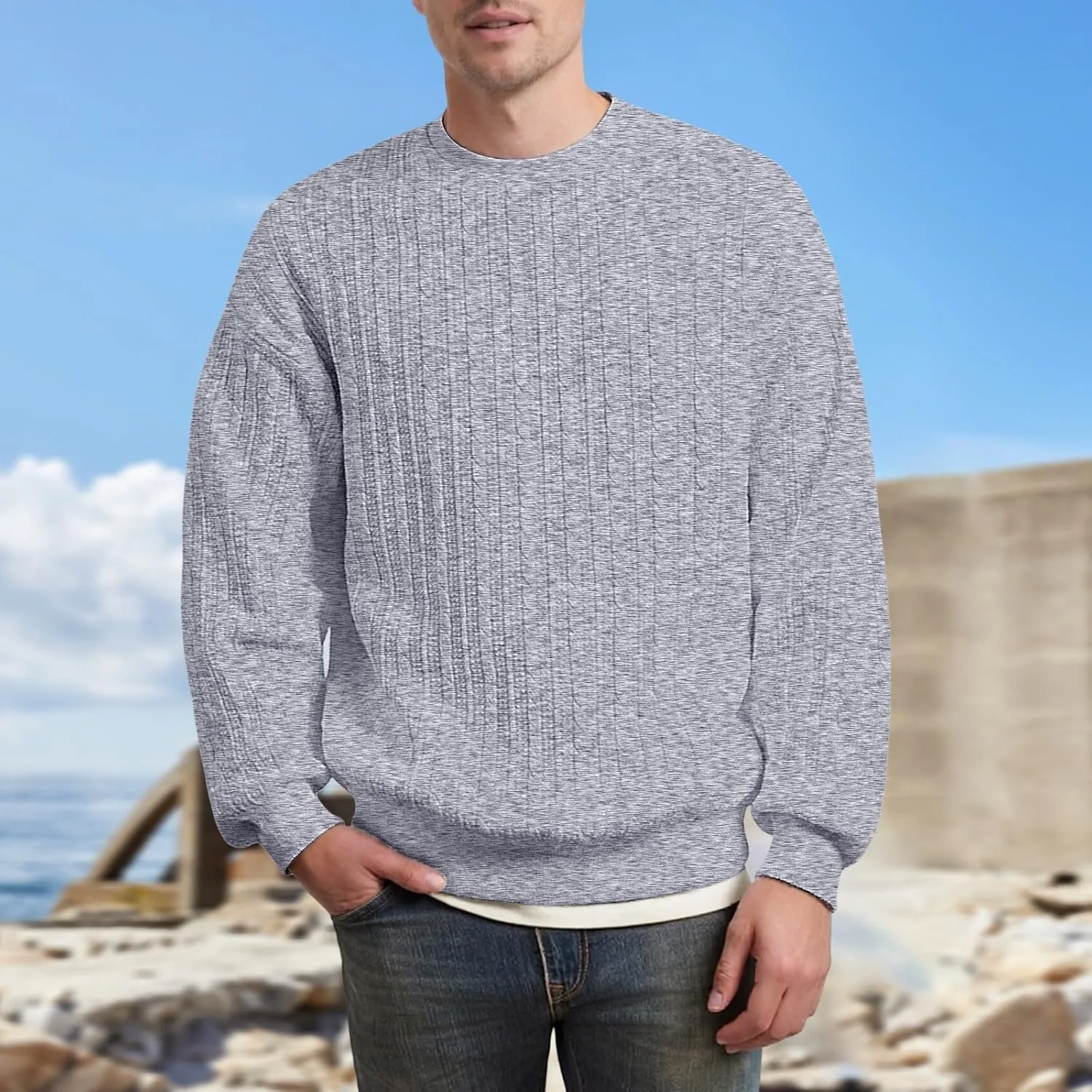 Мужской свитер с кабельной вязкой, свободный пуловер, легкий, slim fit — фото 2