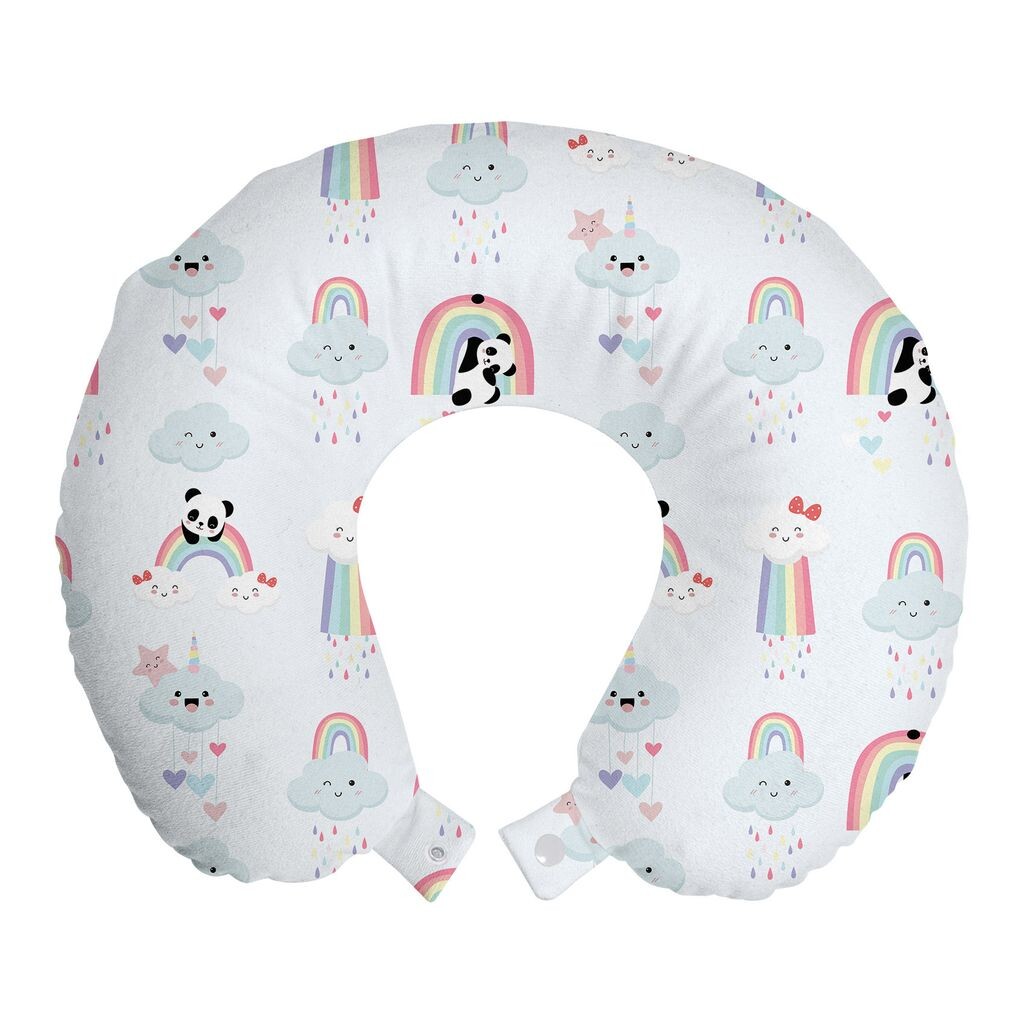 

ABAKUHAUS Panda Travel Pillow Поддержка шеи, Unicorn Clouds Rain Hearts, пенопластовые дорожные принадлежности для самолета и автомобиля, 30x30 см, разноцветные