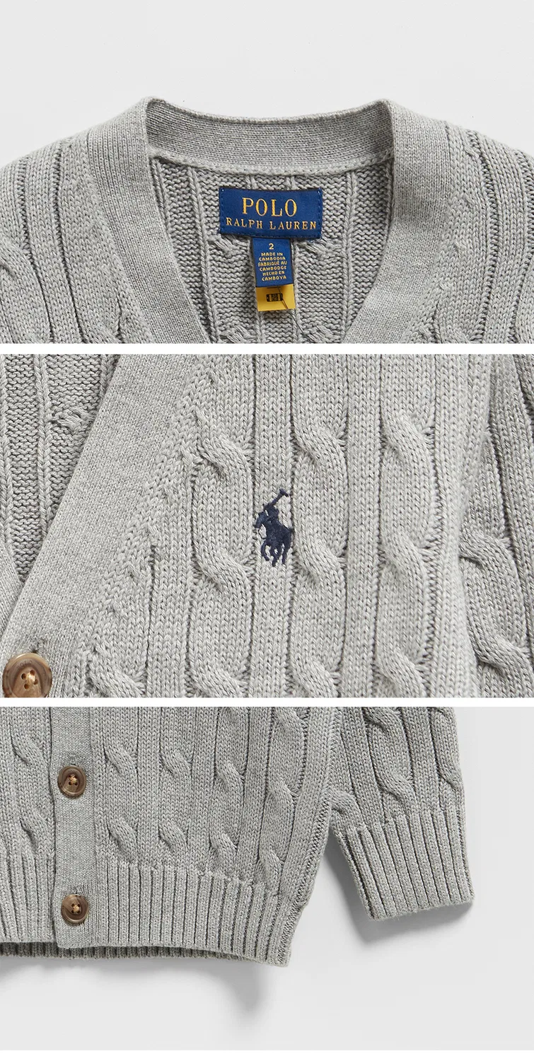 Детский серый хлопковый кардиган с V-образным вырезом от Polo Ralph Lauren Children — фото 4