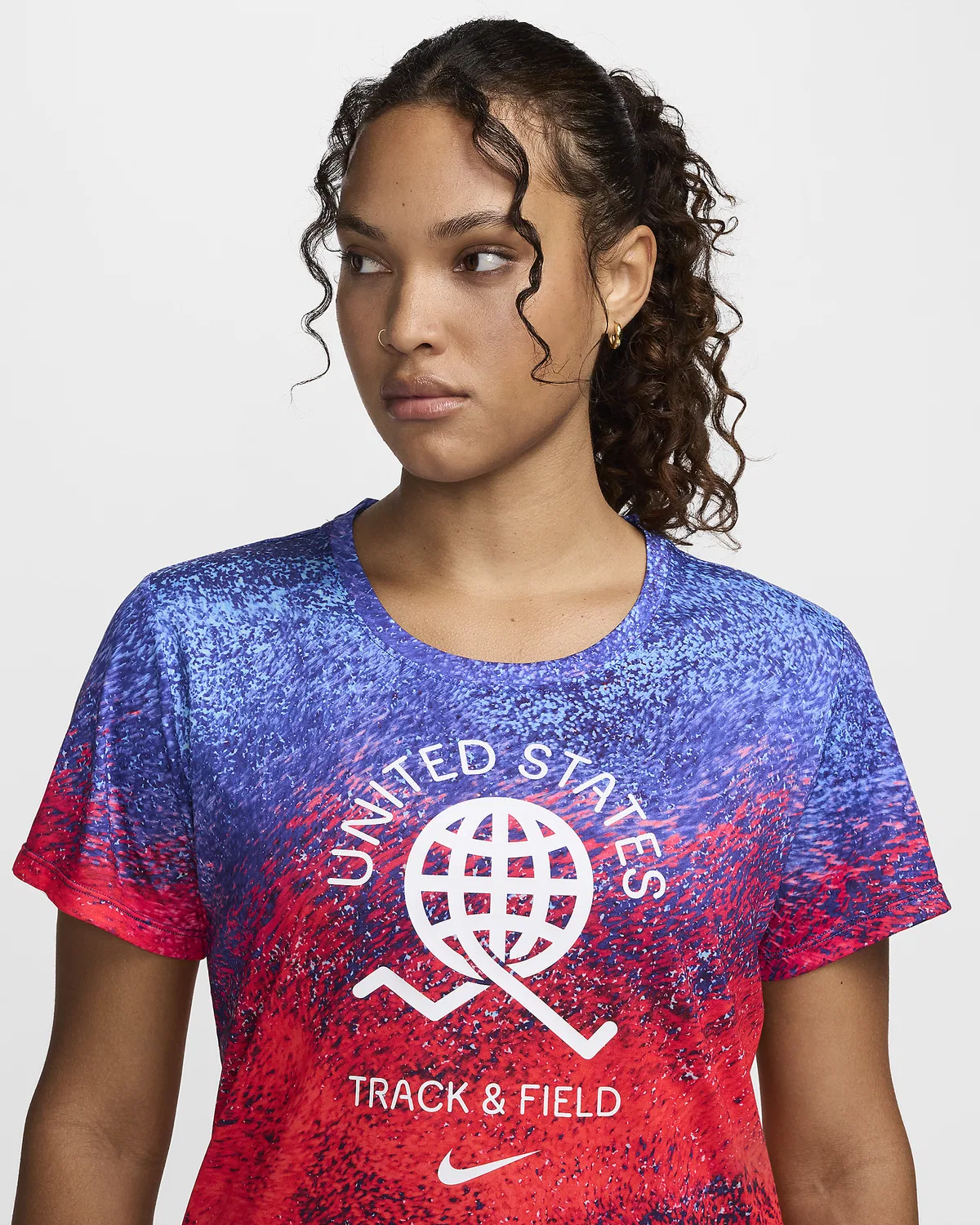 Женский топ Nike Dri-FIT Running с коротким рукавом USA One, Bright Crimson/Old Royal/Baltic Blue/White — фото 3