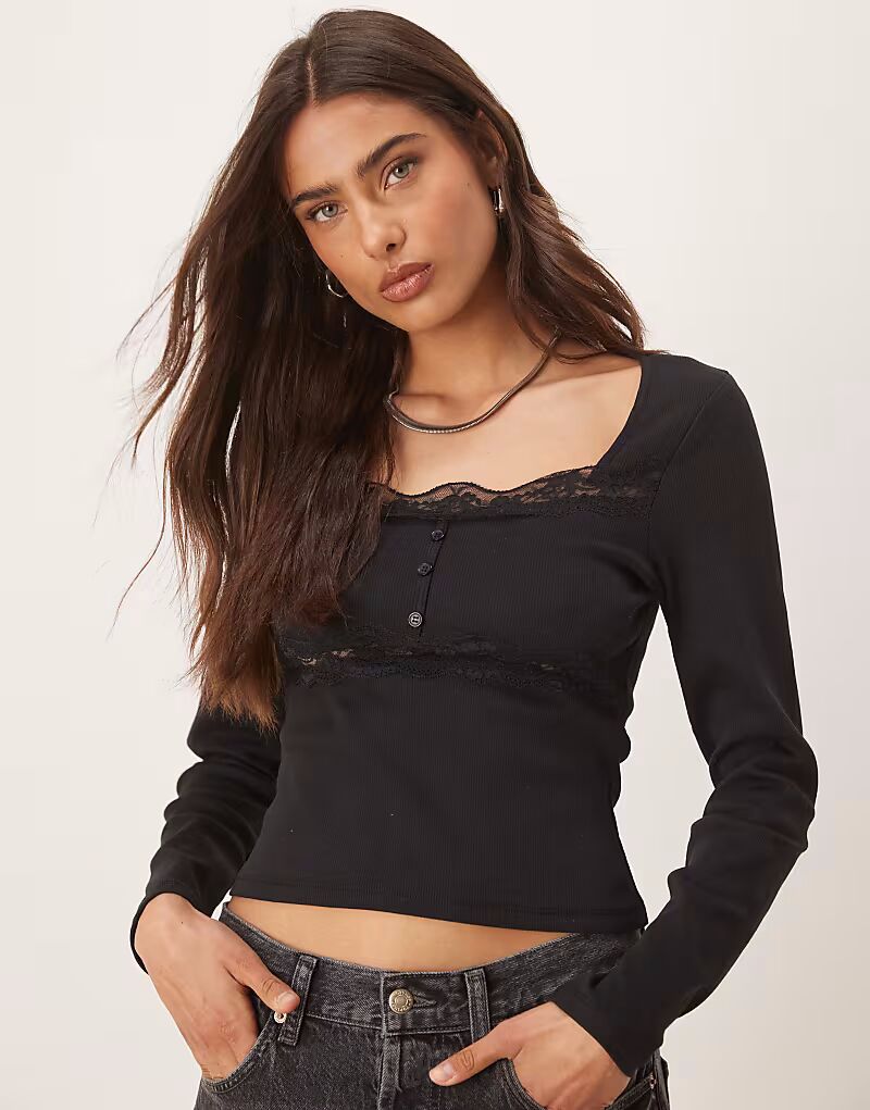 

Топ ASOS DESIGN с длинными рукавами в рубчик, кружевом и пуговицами черного цвета