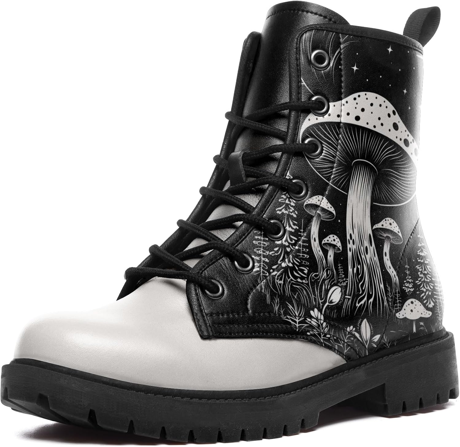 

Женские кожаные боевые ботинки средней длины с шнуровкой, с художественными узорами грибов и цветов для походов и повседневной носки Awsole, белый/черный