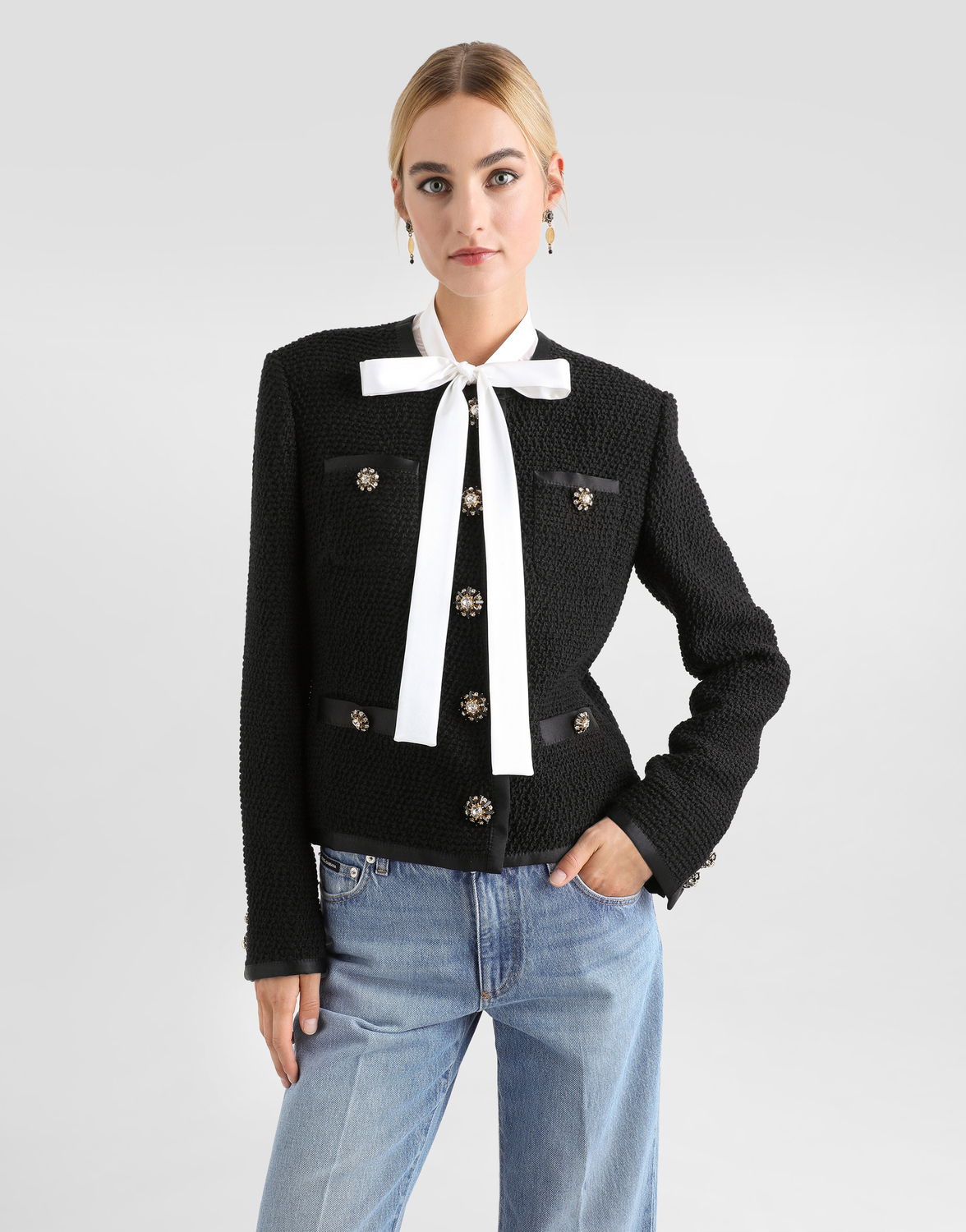 Жакет Dolce & Gabbana Cropped Single-breasted Tweed With Decorated Buttons, черный — фото 4