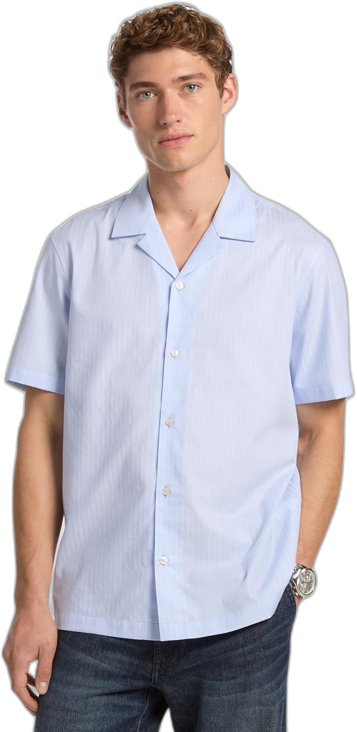 

Michael Kors Мужская рубашка с коротким рукавом, свободного кроя, в полоску dobby, с отложным воротником, Marine Blue