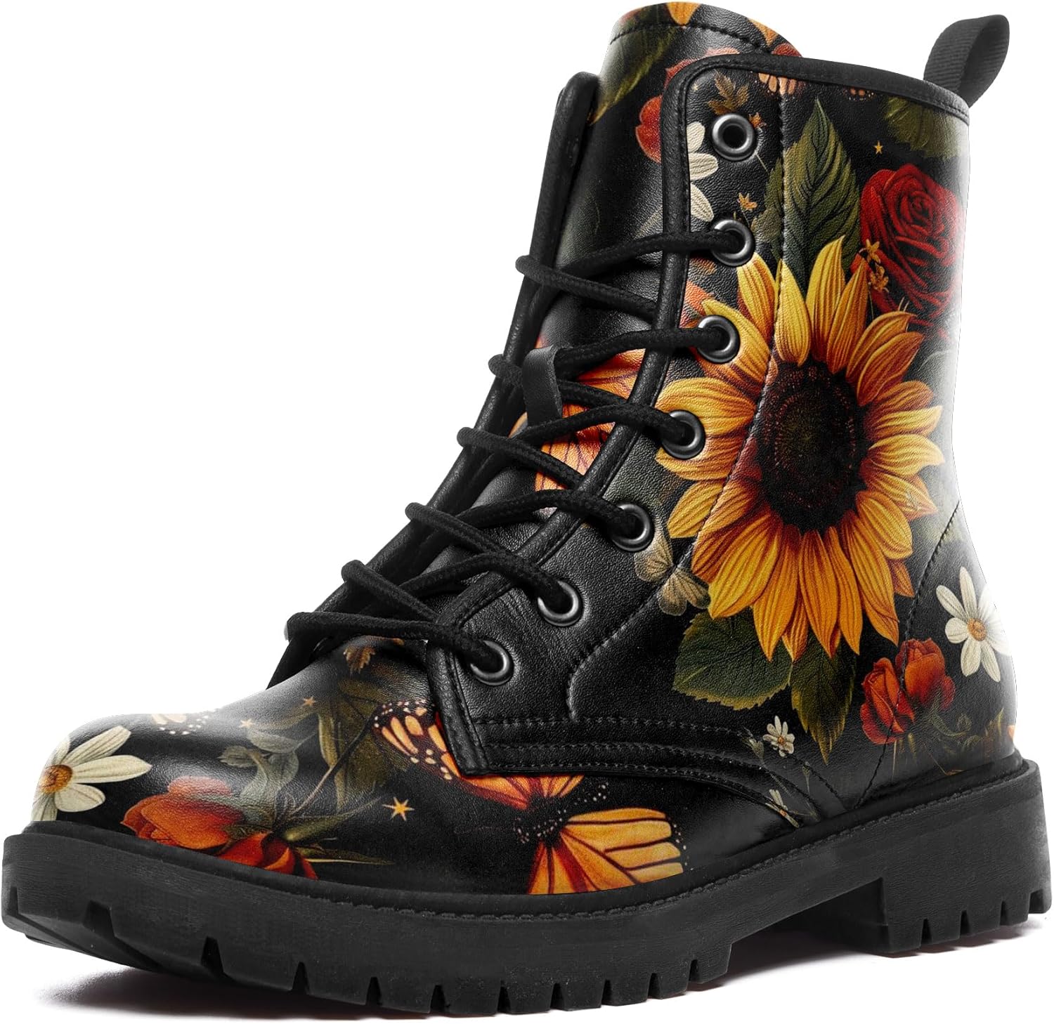 

Женские кожаные боевые ботинки средней длины с шнуровкой, с художественными узорами грибов и цветов для походов и повседневной носки Awsole, черный/желтый