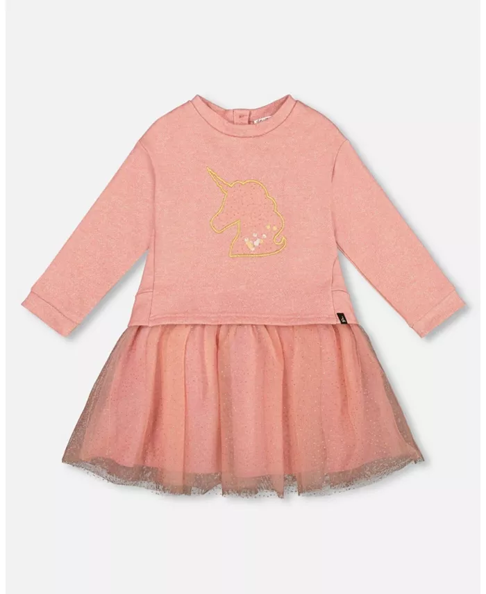 

Детское платье Bi-Material цвета пыльной розы с сетчатой юбкой и единорогом Deux Par Deux, розовый