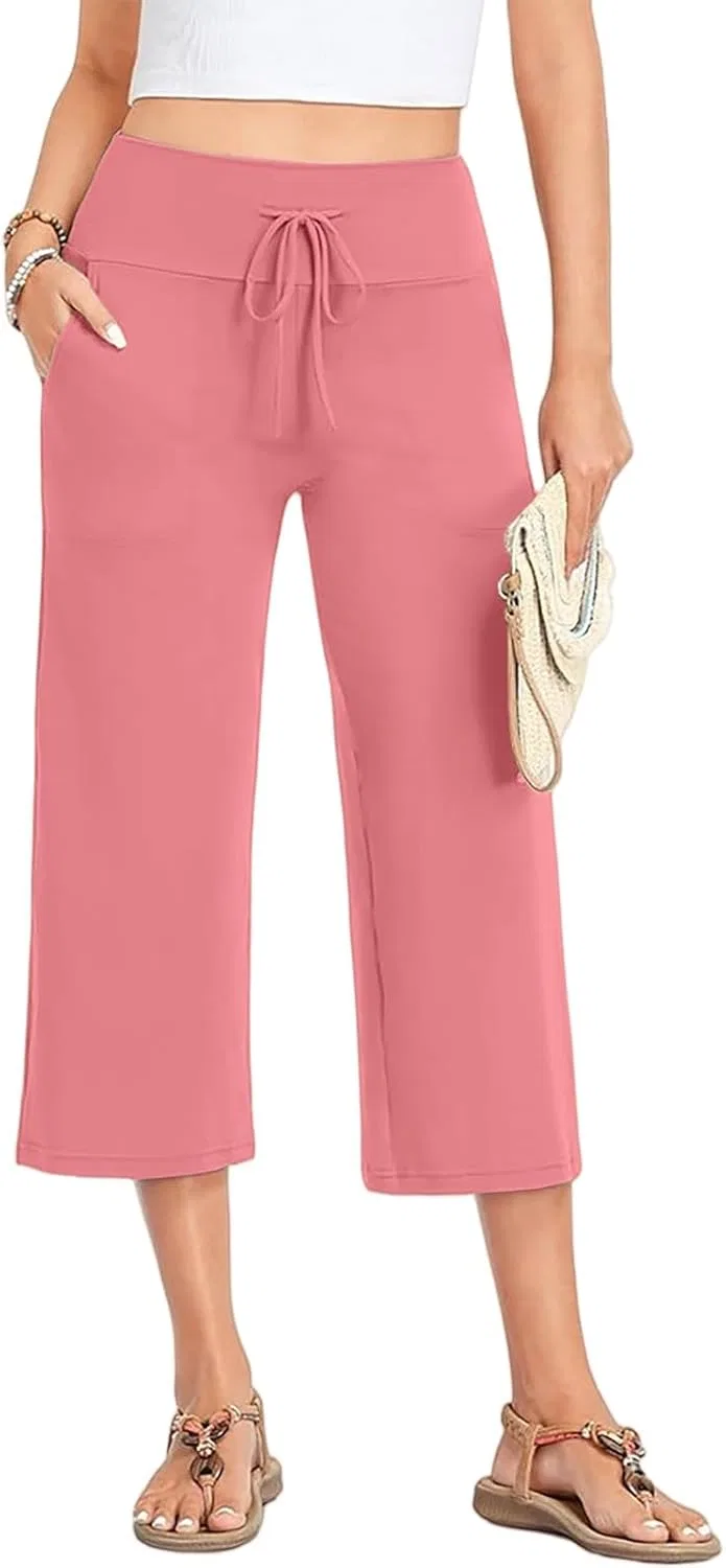 Капри для йоги женские, широкие брюки с карманами, Hot Pink — фото 3
