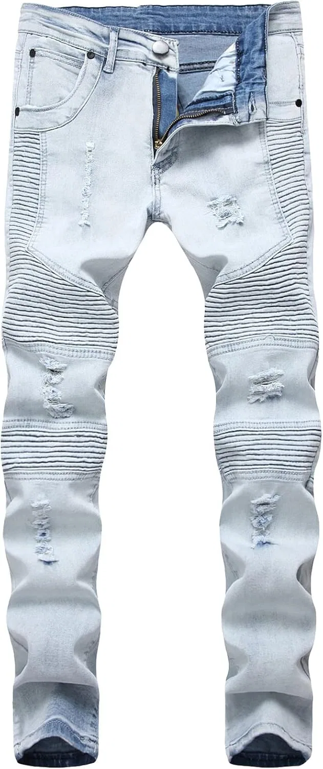 Джинсы скинни байкер, рваные, Light Blue