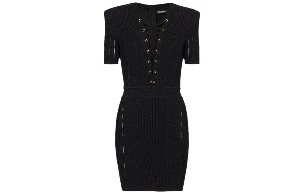 

Короткое платье из тонкого ребристого трикотажа BALMAIN, черное