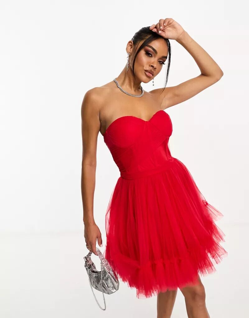 

Красное платье мини с корсетом и тюлем Lace & Beads, Красный, Красное платье мини с корсетом и тюлем Lace & Beads