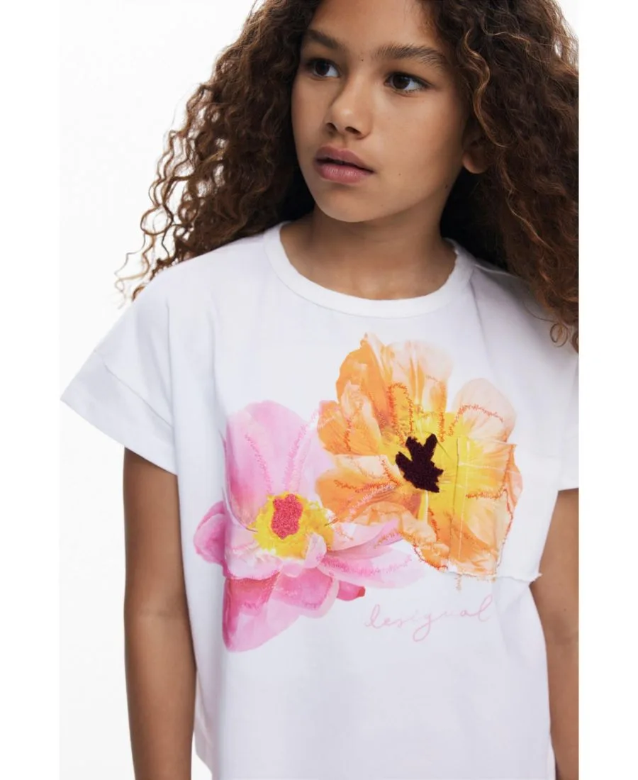 Desigual Детская футболка с коротким рукавом, вышитая цветами — фото 3