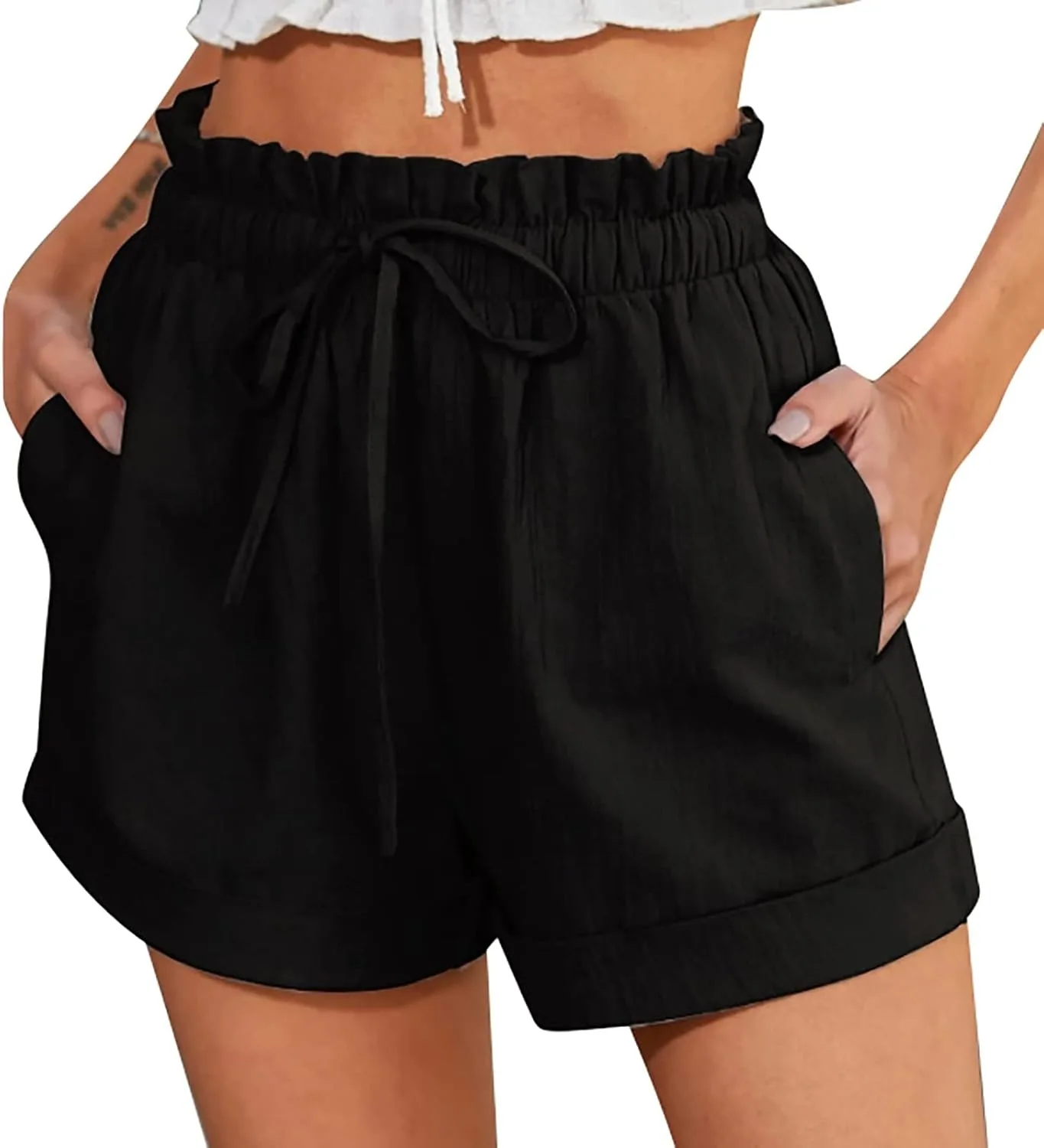 

Льняные пляжные шорты для женщин High Waisted с карманом