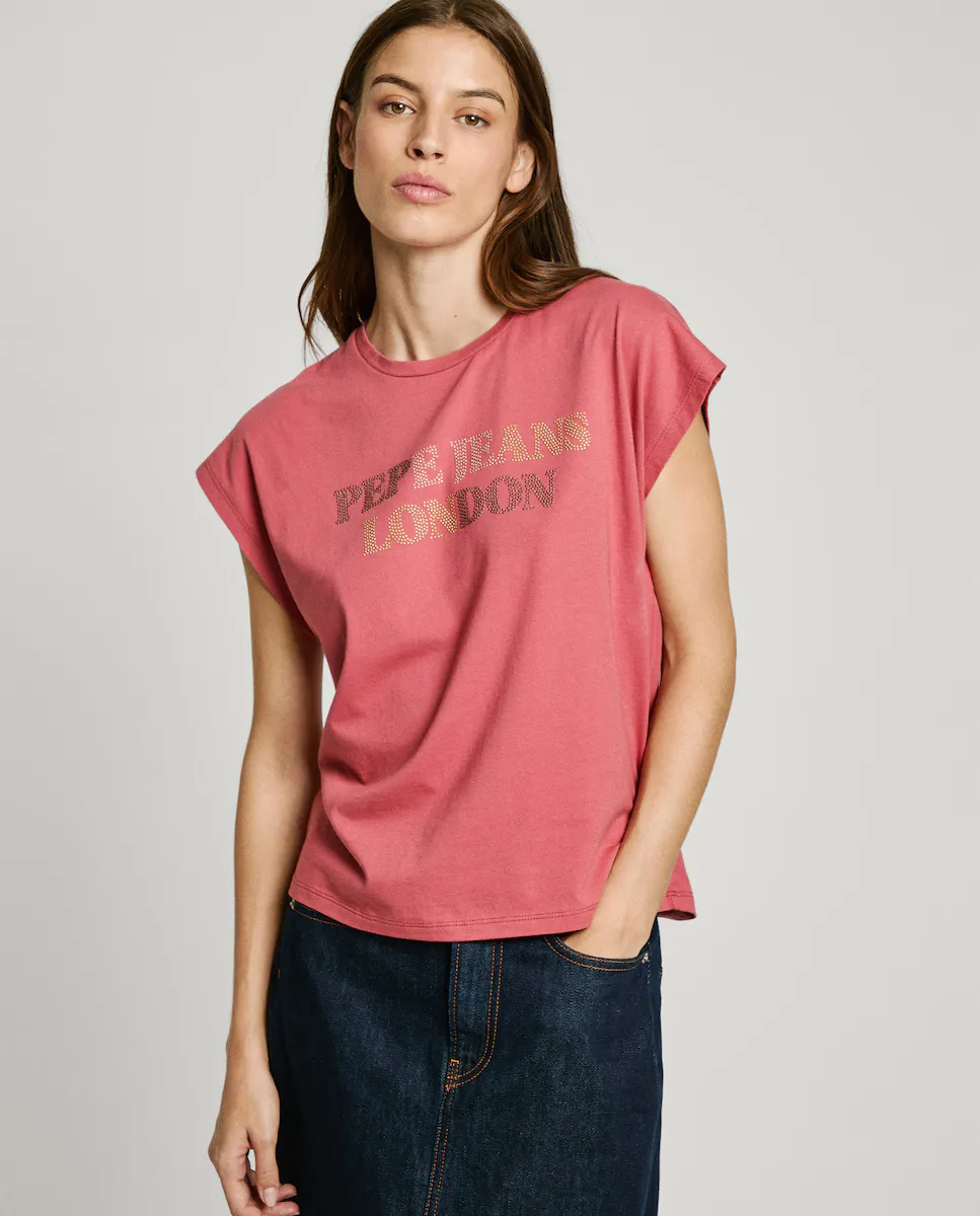

Женская футболка с коротким рукавом и логотипом из стразов Pepe Jeans, красный