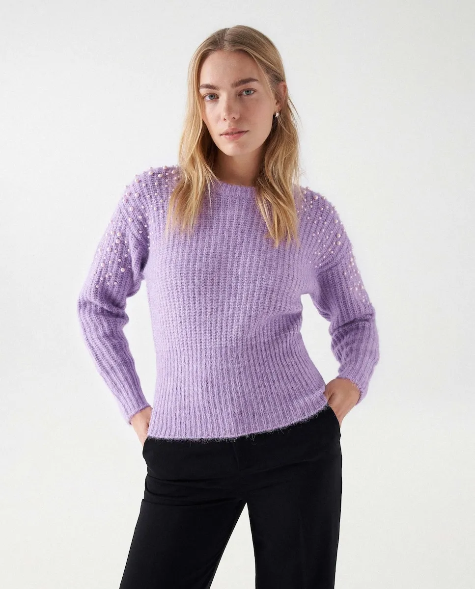 

Женский свитер крупной вязки с аппликациями Salsa Jeans, сиреневый