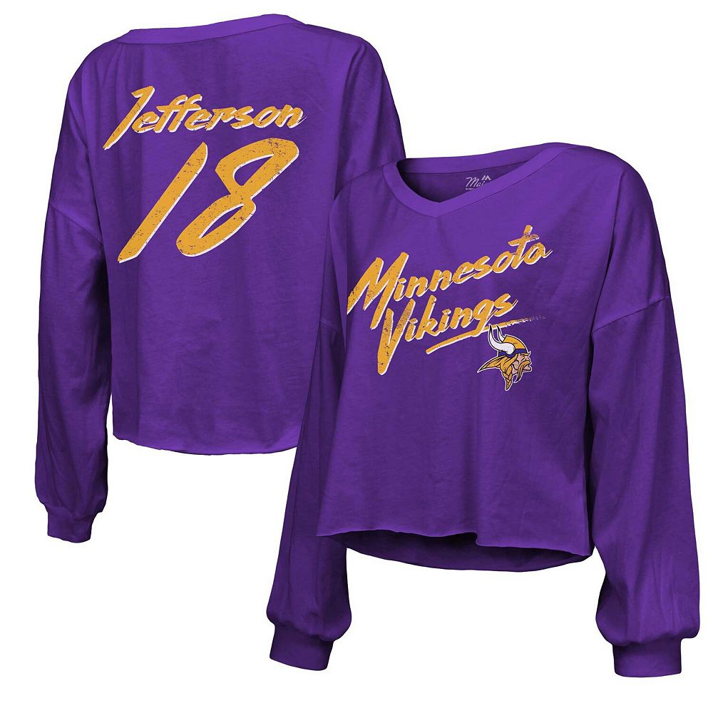 

Женская укороченная футболка с открытыми плечами и надписью Majestic Threads Justin Jefferson Purple Minnesota Vikings с v-образным вырезом и длинными рукавами, цвет Mvk Purple