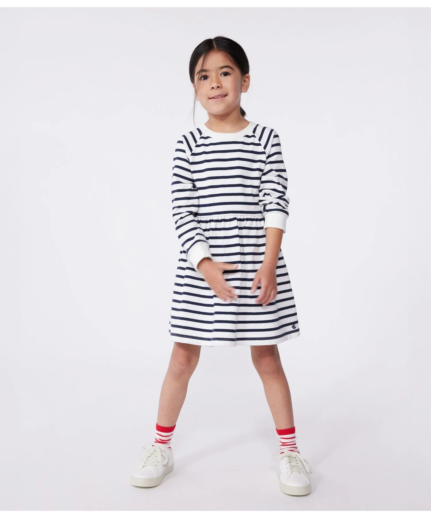 Детское платье длинное с рукавами в полоску PETIT BATEAU бело-синее