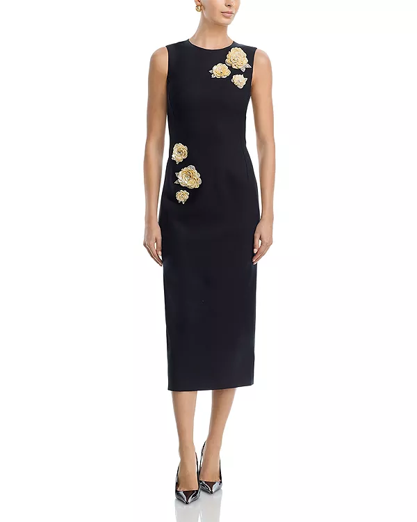 

Коктейльное платье из эластичной шерсти с вышитой брошью Oscar De La Renta, черный