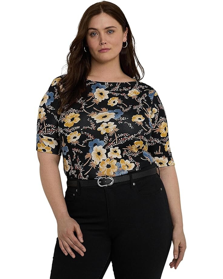 

Футболка Lauren Ralph Lauren Plus Size Floral Stretch Cotton Boatneck Tee, черный мульти