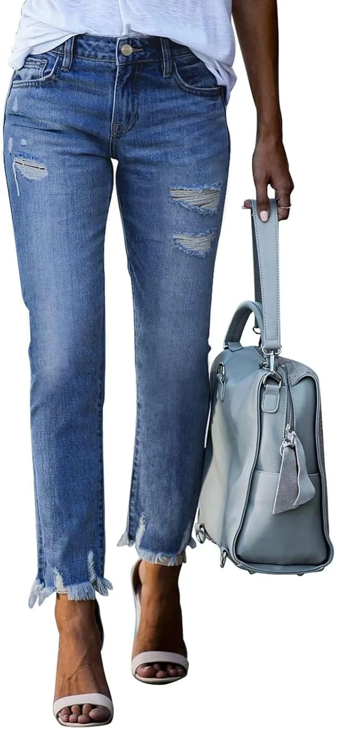 

Женские джинсы distressed с потертостями и рваным краем, высокие, укороченные, slim fit, с эффектом контроля живота