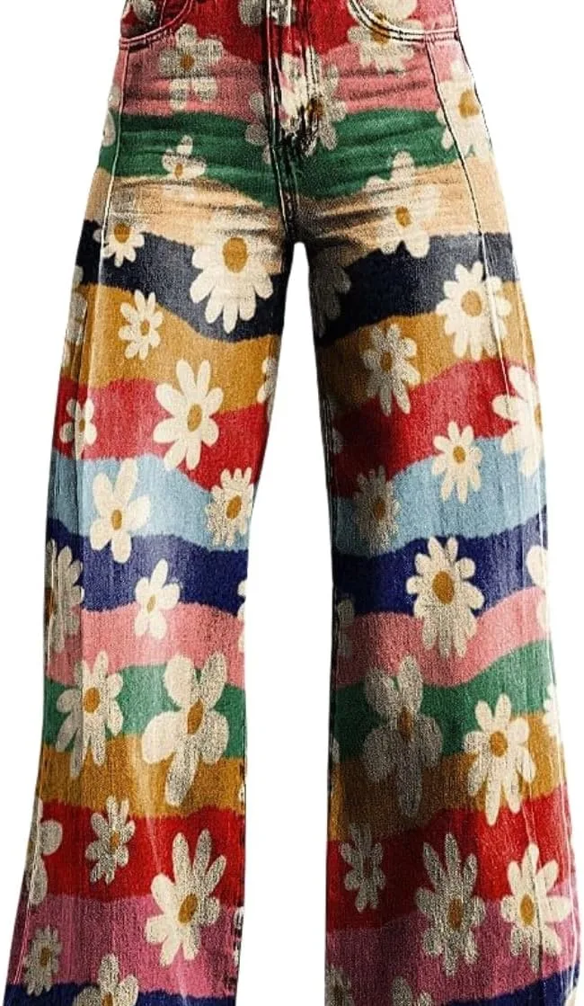 Женские джинсы wide leg с карманами, vintage floral print, high waist — фото 2