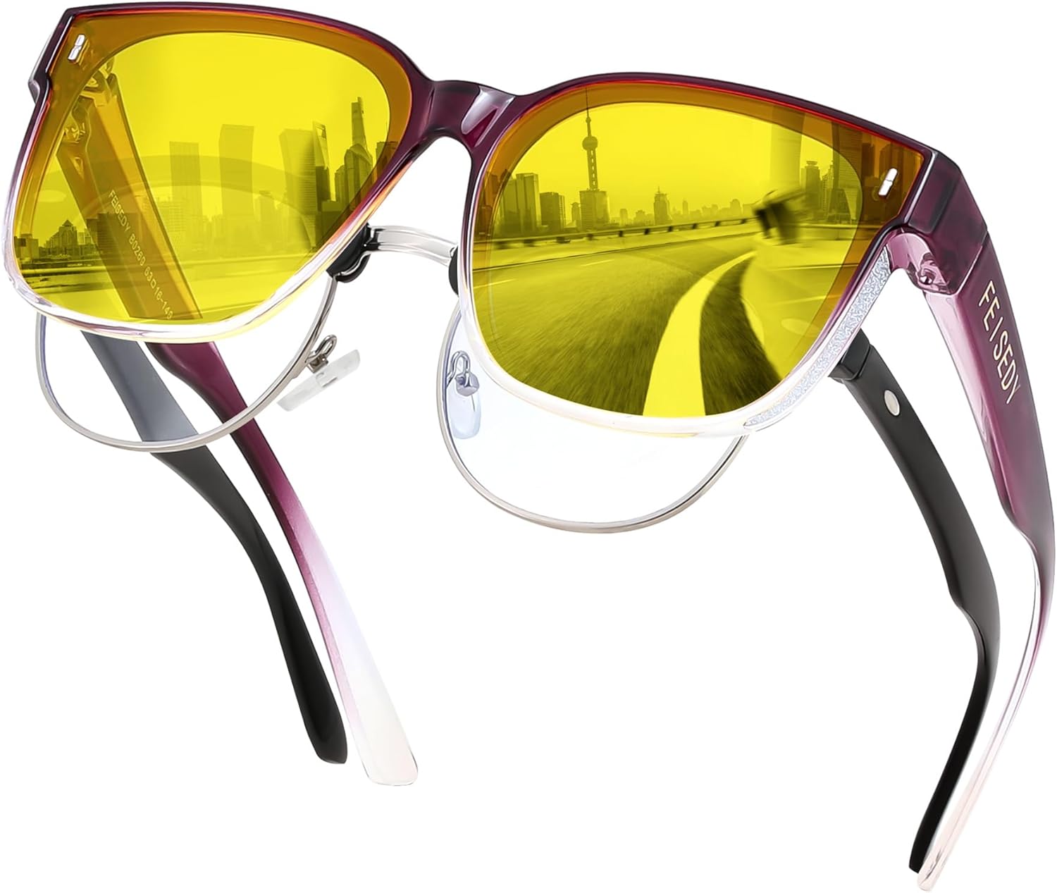 

Солнцезащитные очки FEISEDY, надеваемые поверх обычных очков, увеличенного размера, поляризованные, блестящие, для женщин, защита от ультрафиолета UV400, артикул B0269, Yellow Lens - Gradual Purple Frame