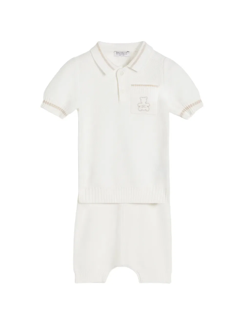 Хлопковая вязаная поло рубашка Baby Bernie с сотовым узором Brunello Cucinelli Kids, нейтральный — фото 4