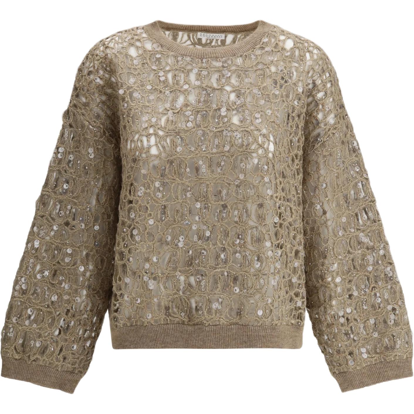 

Свитер с пайетками и ажурной вязкой Brunello Cucinelli, Light Umber