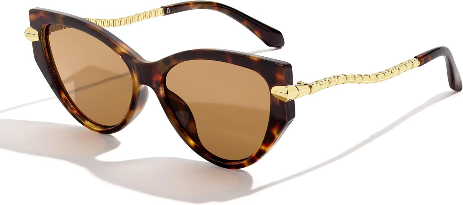 

Ретро-солнцезащитные очки «кошачий глаз» для женщин и мужчин, винтажные модные солнцезащитные очки с металлическими дужками в форме змеи, защита от УФ-излучения UV400 Jcheupet, Tortoise Frame - Brown Lens