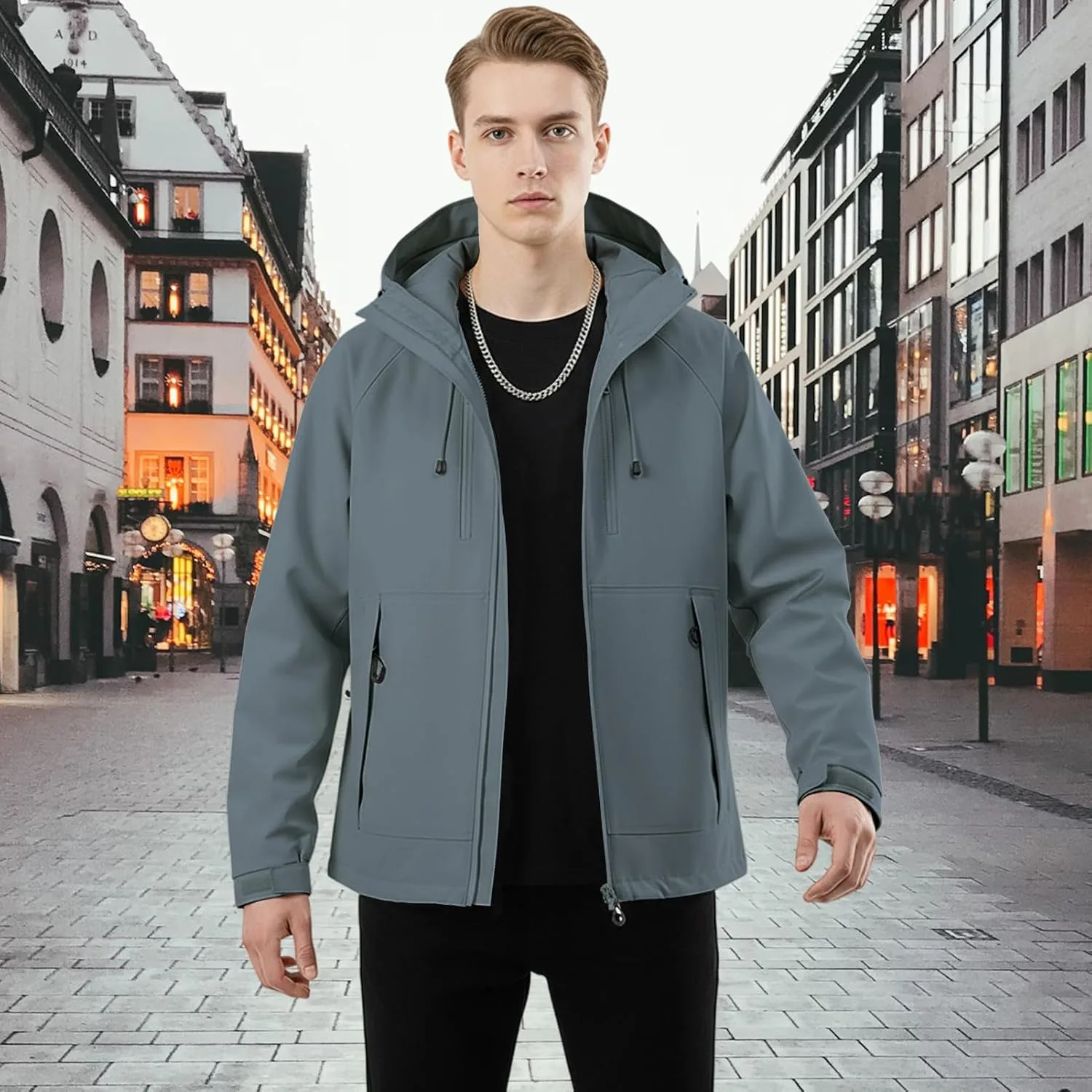 Куртка с капюшоном для мужчин, Waterproof Windproof | Утепленная зимняя куртка на молнии с капюшоном и карманами, для повседневной носки Generic, серый — фото 2