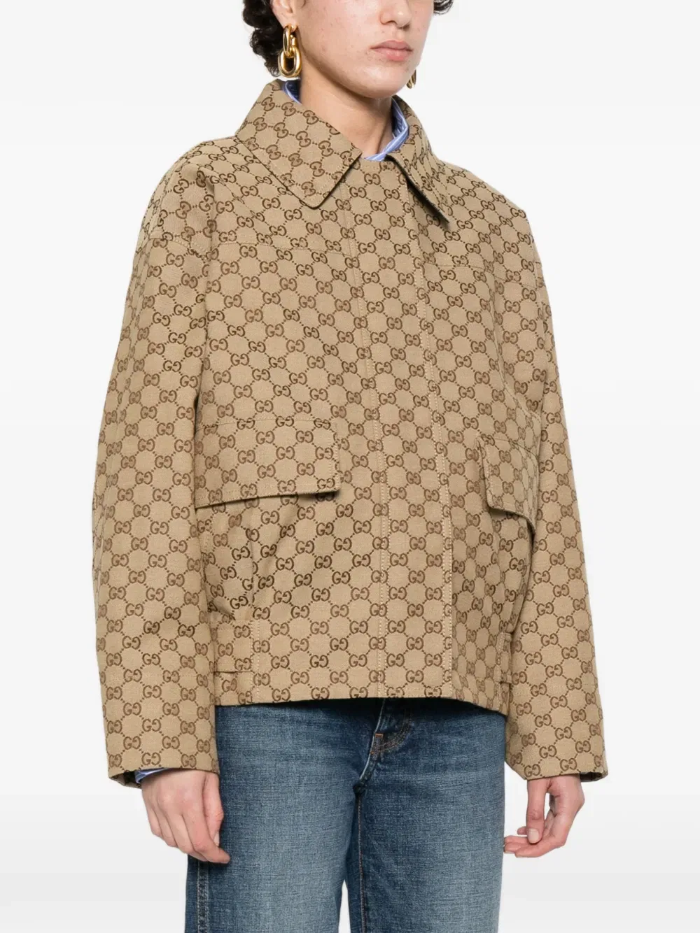 Куртка Gucci с логотипом и монограммой, классический воротник, бежевый — фото 3