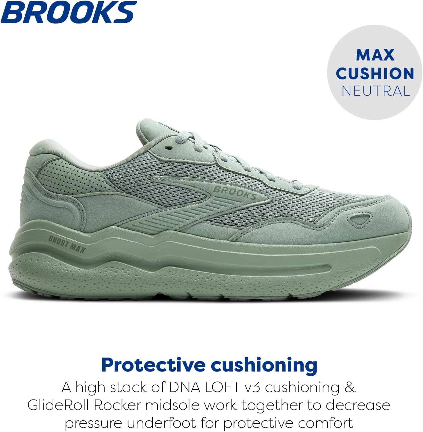 Мужские кроссовки Brooks Ghost Max из замши и кожи нейтральной модели для бега и ходьбы, зеленый — фото 2