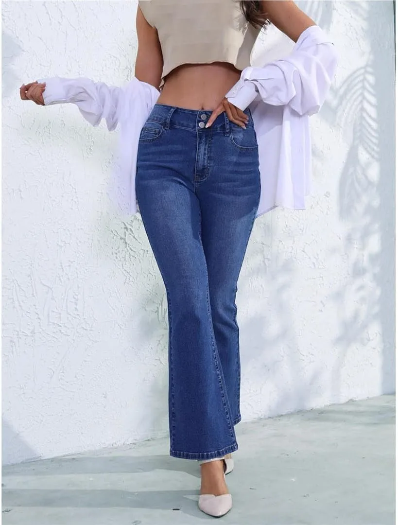 Generic Женские синие расклешенные джинсы Stretchy Slim Fit с двойной пуговицей и несколькими карманами — фото 3