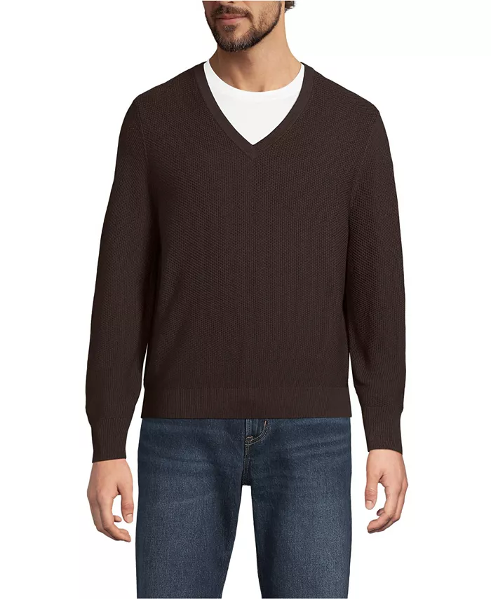

Мужской длинный рукав стираемая шерсть мериноса V-образный вырез свитер Lands' End, коричневый