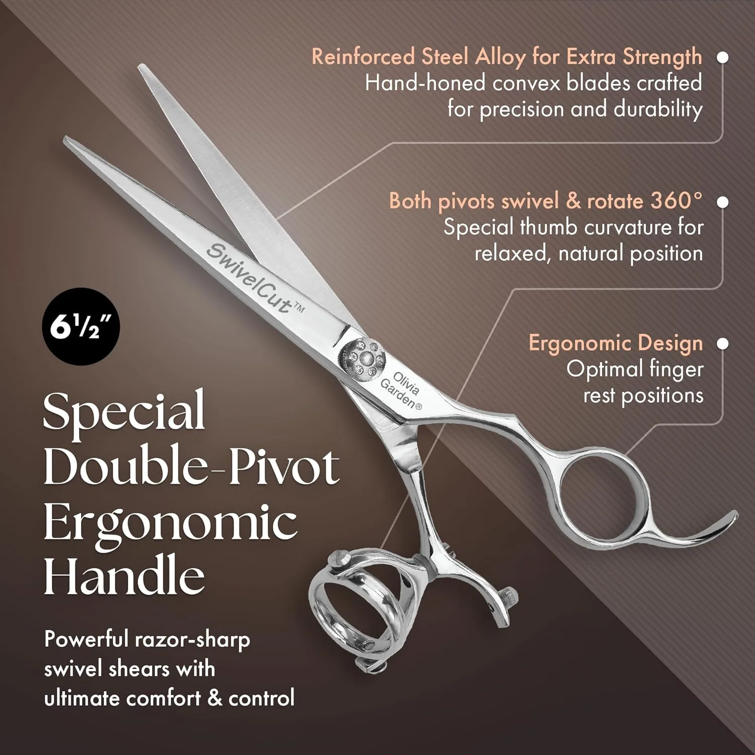 Набор профессиональных парикмахерских ножниц Olivia Garden SwivelCut с футляром и бритвой Edge - 6 предметов. Набор 6.5" (SW-C05): SW-650, бритва RZ-E — фото 3