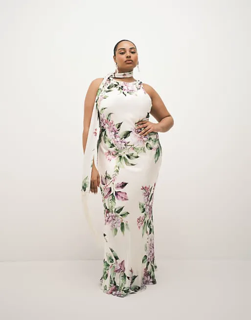 

Атласный шарф макси с кисточками Forever New Curve с цветочным принтом цвета слоновой кости