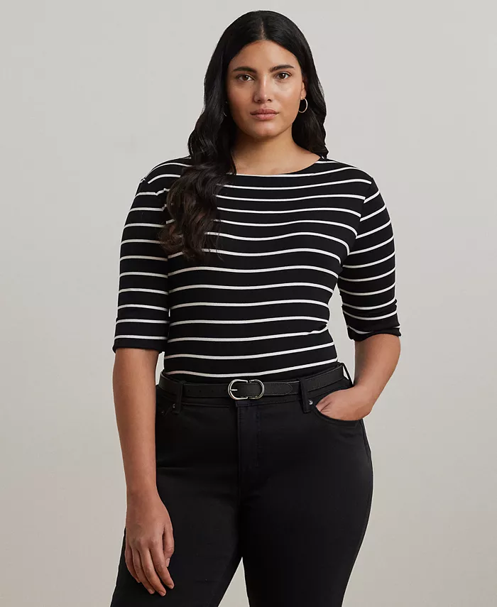 

Футболка из хлопка с полосками и лодочкой Plus Size Lauren Ralph Lauren, мультиколор