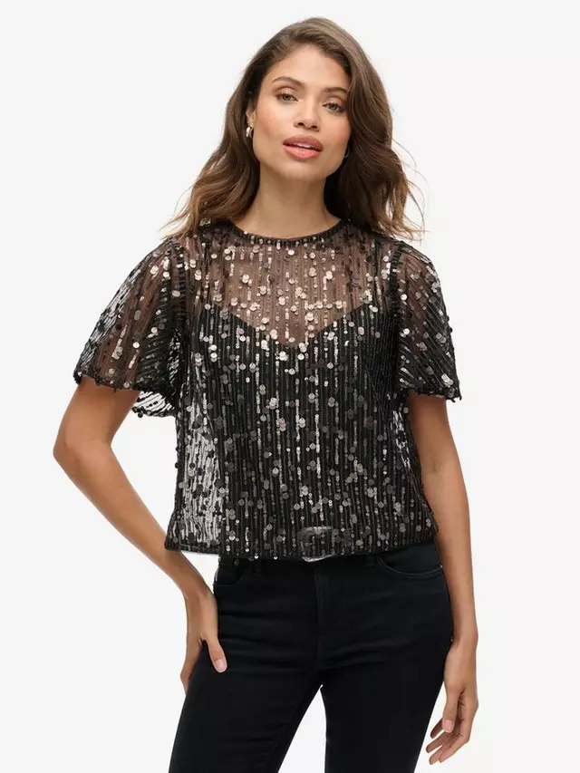 

Топ Superdry Sheer Short Sleeve Sequin, цвет stadium grey grit