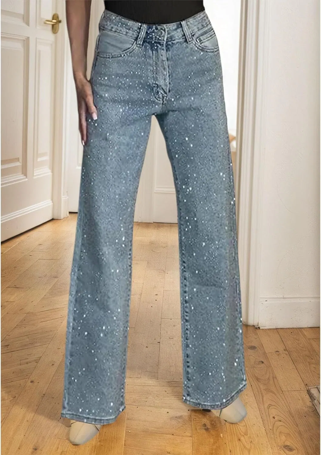 Джинсы блестящие, Womens Rhinestone Jeans Baggy Y2K High Waisted Straight Wide Leg Sparkly Bling Glitter Jeans Casual Denim Pants, Blue — фото 2