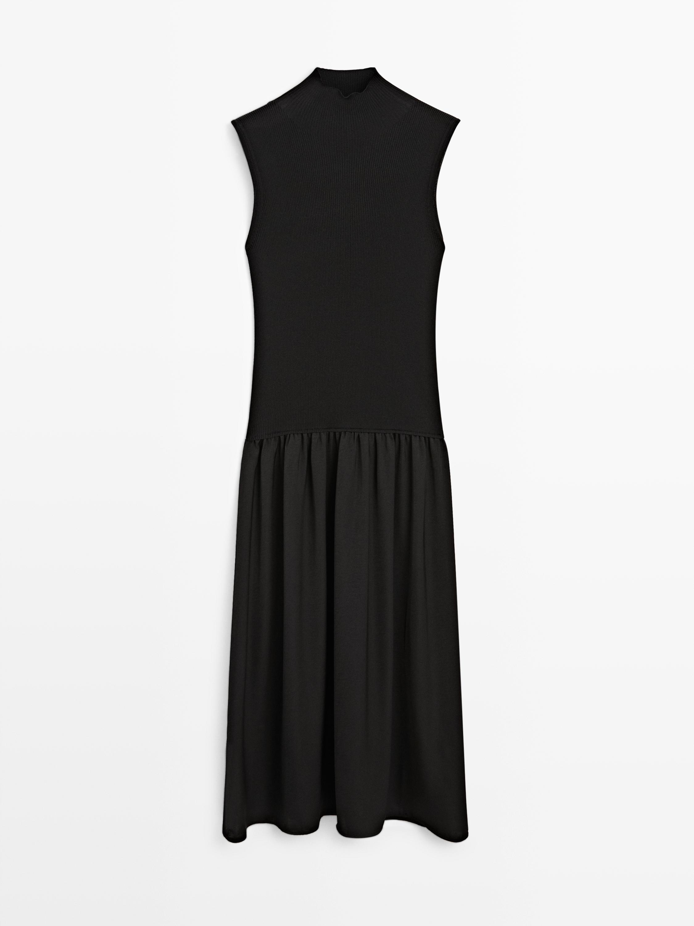 Вязаное миди-платье с контрастной деталью Massimo Dutti, black — фото 2