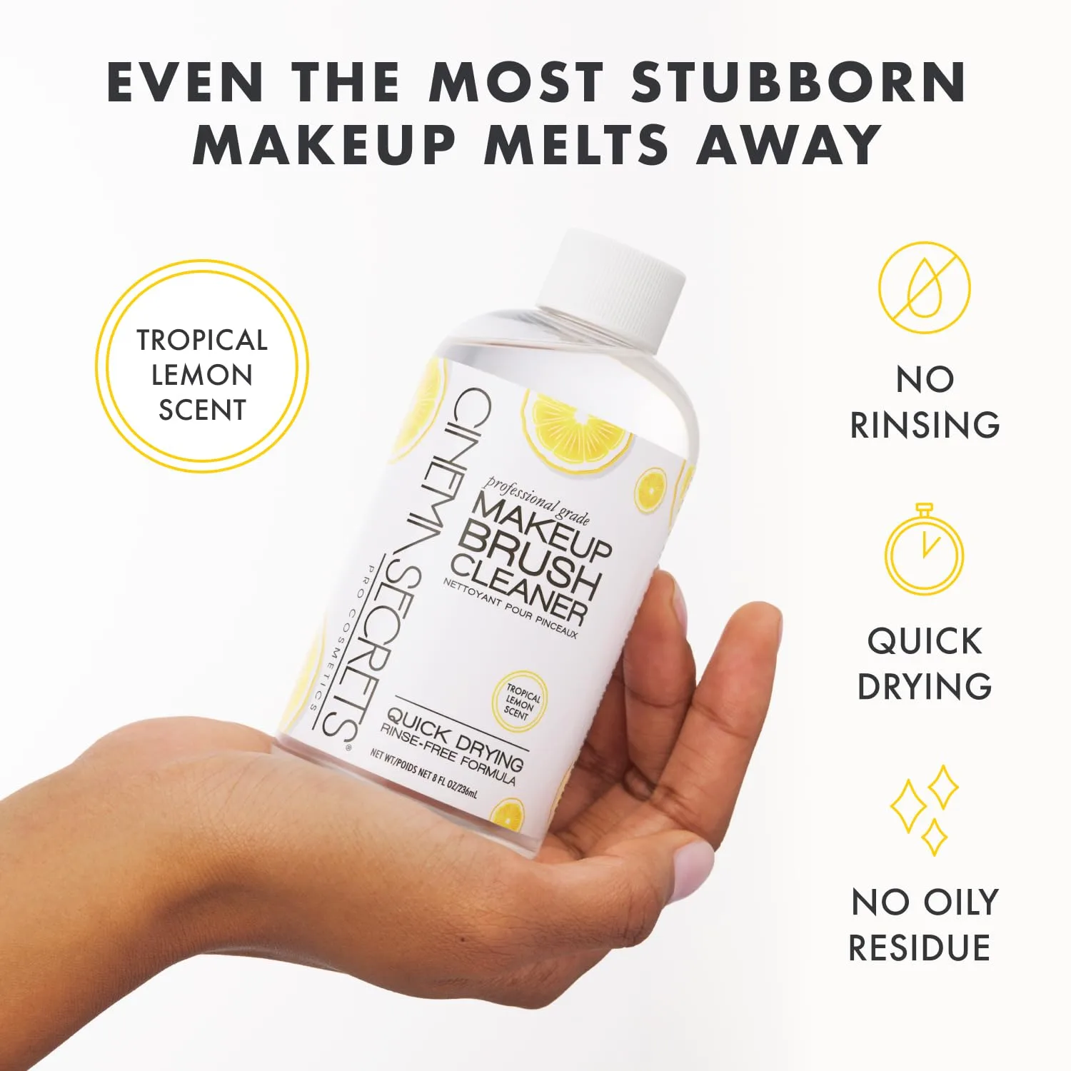 CINEMA SECRETS Original Makeup Brush Cleaner Solution & Spray Combo - профессиональное средство для очистки кистей для макияжа, быстросохнущее, без смывания, удаляет стойкий макияж, лимон (473 мл и 59 мл) — фото 3