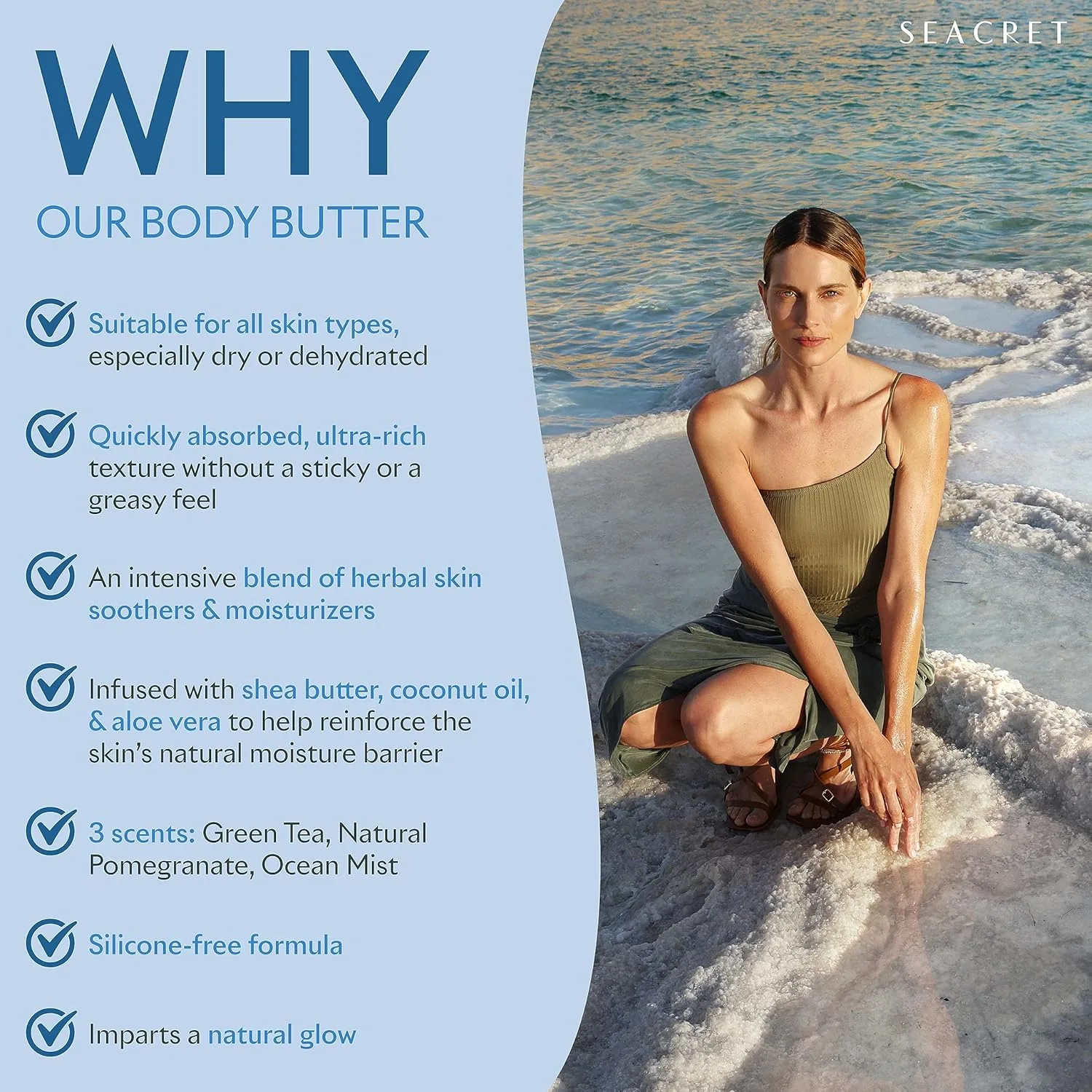 SEACRET Minerals Dead Sea Body Butter - ультранасыщенный увлажняющий крем для тела с маслом ши и кокосовым маслом для сухой кожи, быстро впитывается, нежирный с алоэ вера и витамином E, 250 мл — фото 2