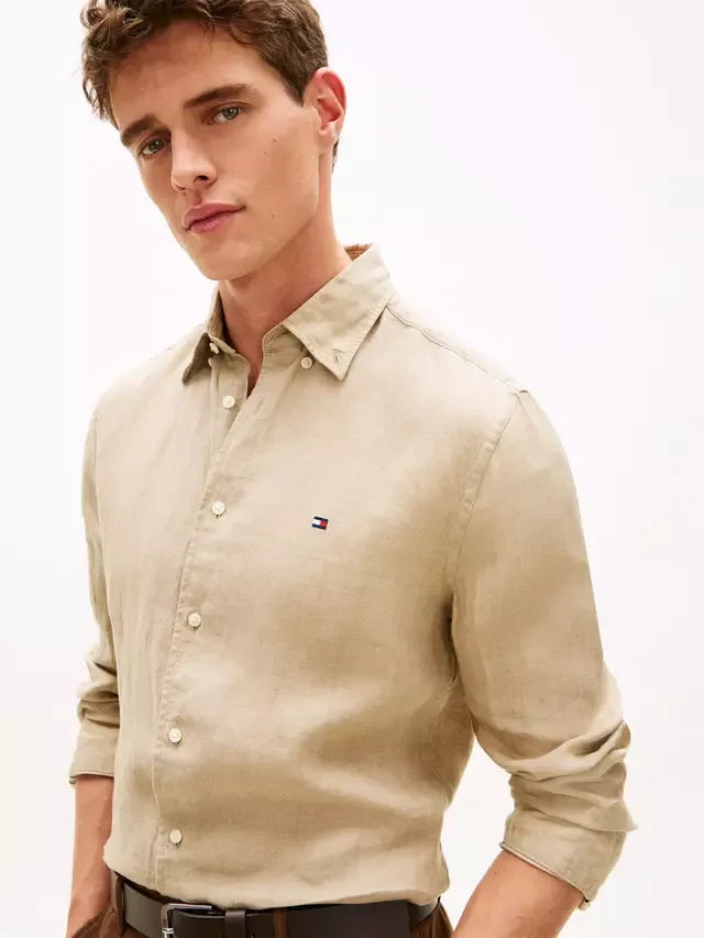 Льняная рубашка прямого кроя с логотипом Tommy Hilfiger, Beige — фото 4