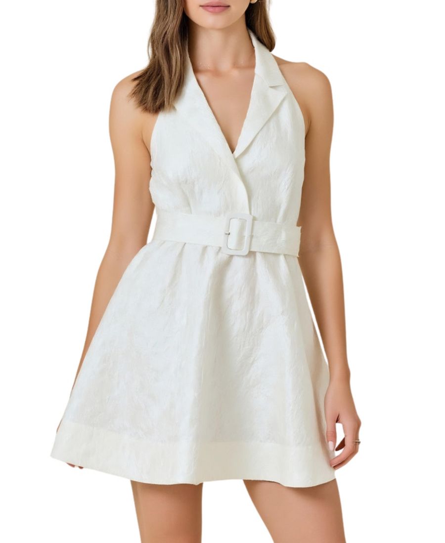 

Женское мини-платье с бретелями через шею и поясом, приталенного силуэта Modenaire, White