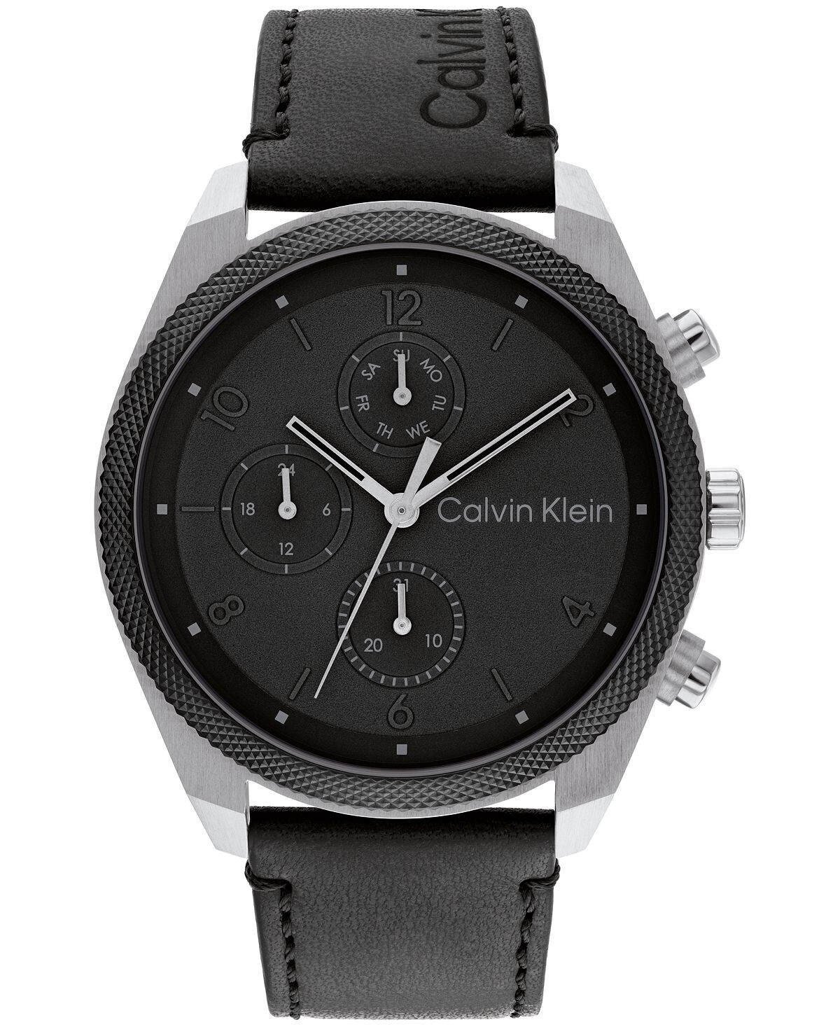 

Мужские многофункциональные часы с черным кожаным ремешком, 44 мм Calvin Klein