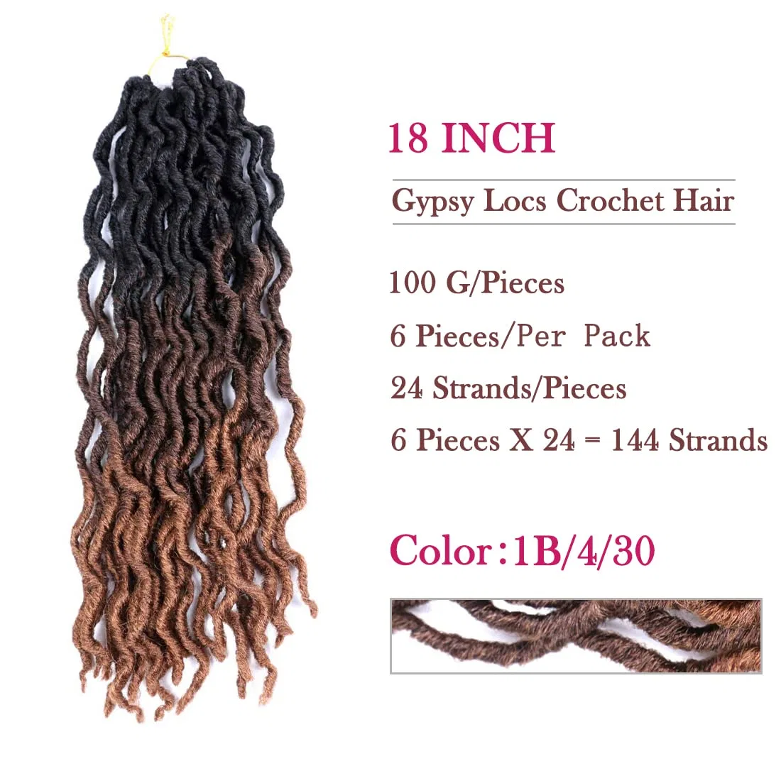 Искусственные дреды «Gypsy Faux Locs» для плетения крючком, 45.72 см, омбре, 6 упаковок Blissource, 1B/4/30 — фото 2